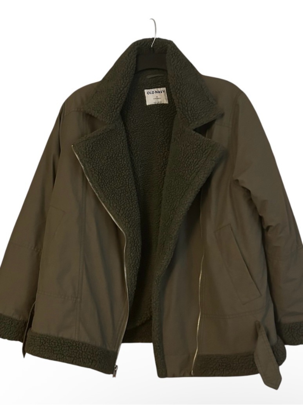 Old Navy M Water Resistant Sherpa Lined Moto Jacket Olive Green Zip Utility